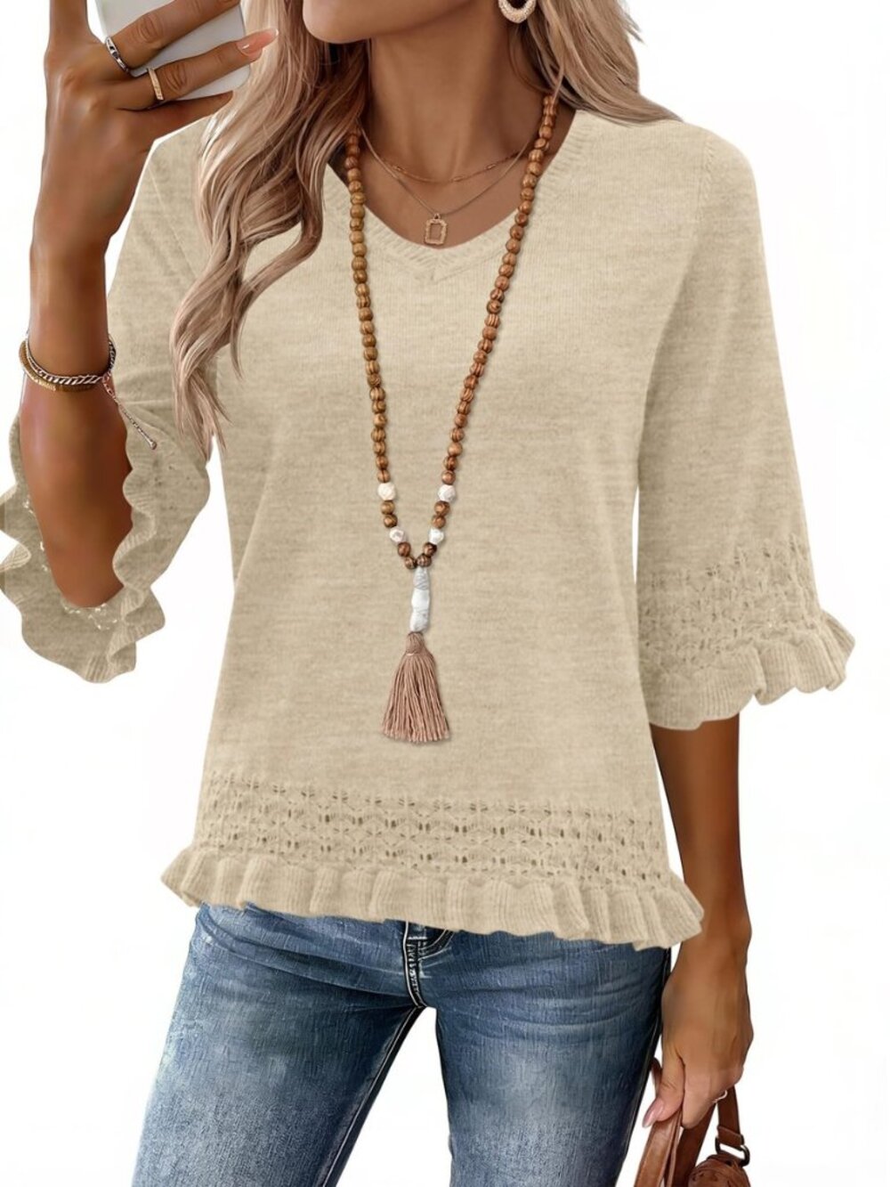 Womens Sweaters 3/4 Length Sleeve Womens Tops V Neck Peplum Sweater